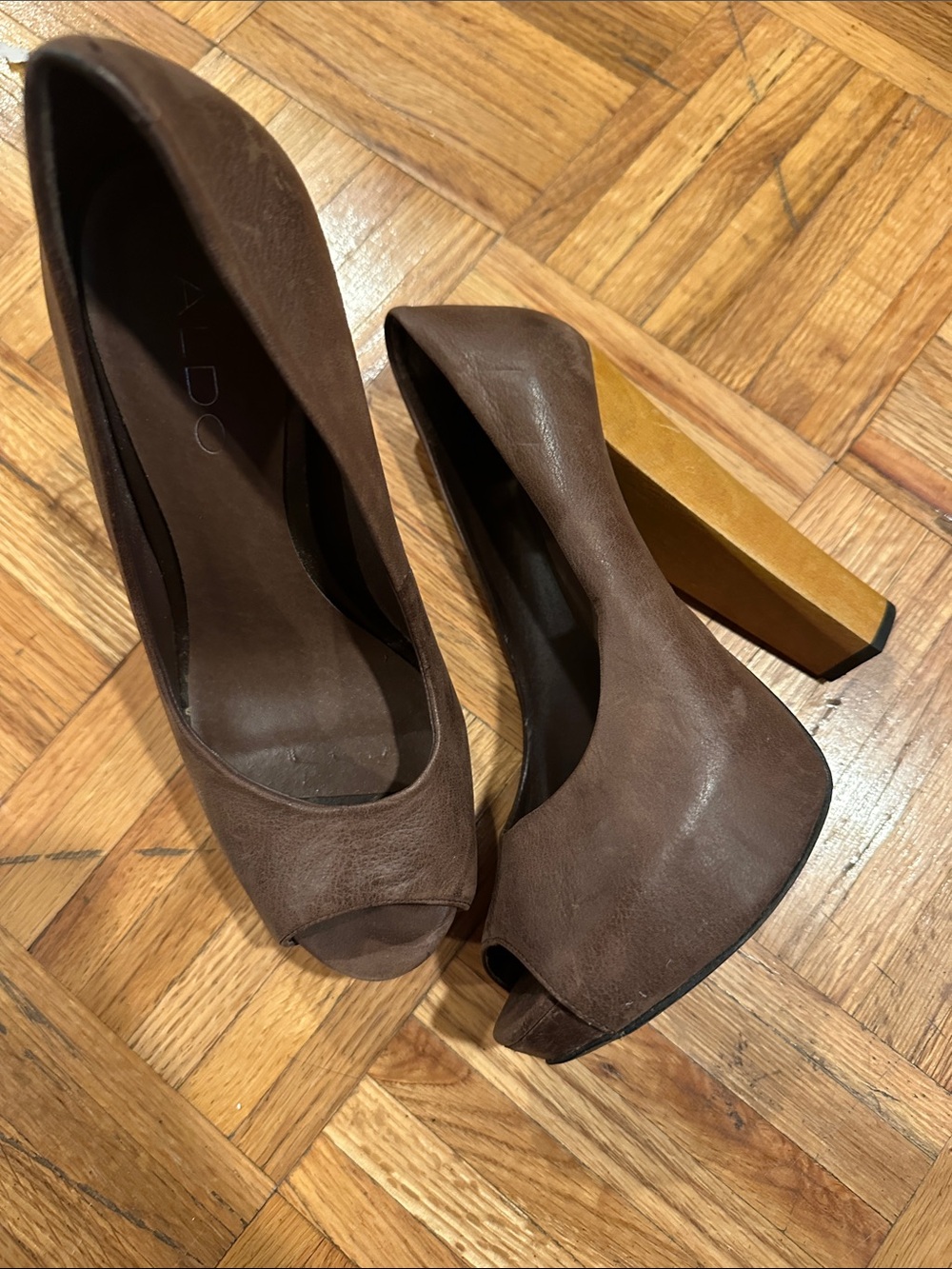 Aldo Brown Peep-Toe Heels with Wood-Tone Block Heel